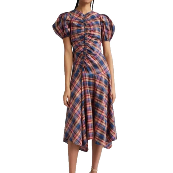 Ulla Johnson Heleen Puff Sleeve Silk Cotton Plaid Asymmetric Midi Dress Size 2 - Picture 2 of 13